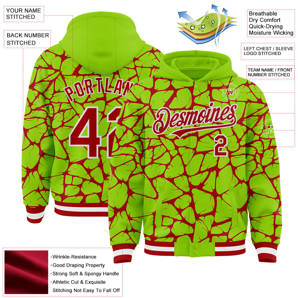 Custom Neon Green Red-White Abstract Network Bomber Full-Snap Varsity Letterman Hoodie Jacket view 4