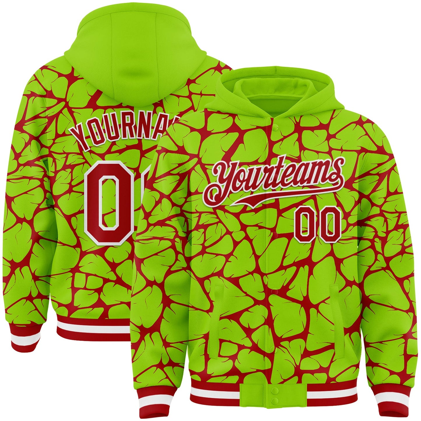 Custom Neon Green Red-White Abstract Network Bomber Full-Snap Varsity Letterman Hoodie Jacket - Main View