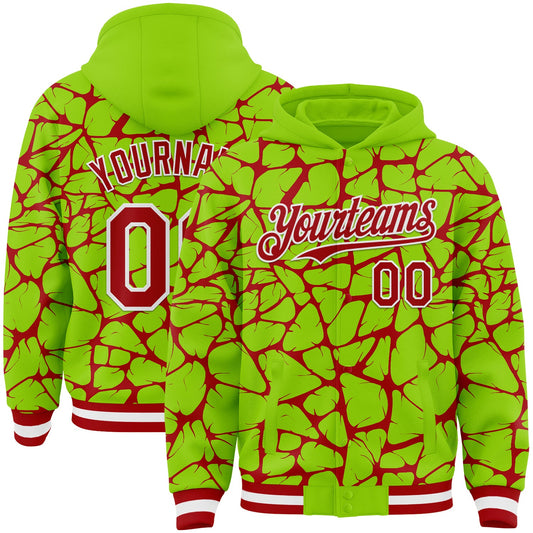 Custom Neon Green Red-White Abstract Network Bomber Full-Snap Varsity Letterman Hoodie Jacket - Main View
