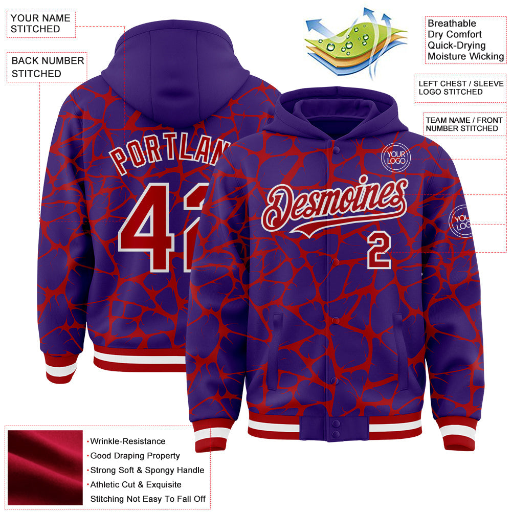 Custom Purple Red-White Abstract Network Bomber Full-Snap Varsity Letterman Hoodie Jacket view 4