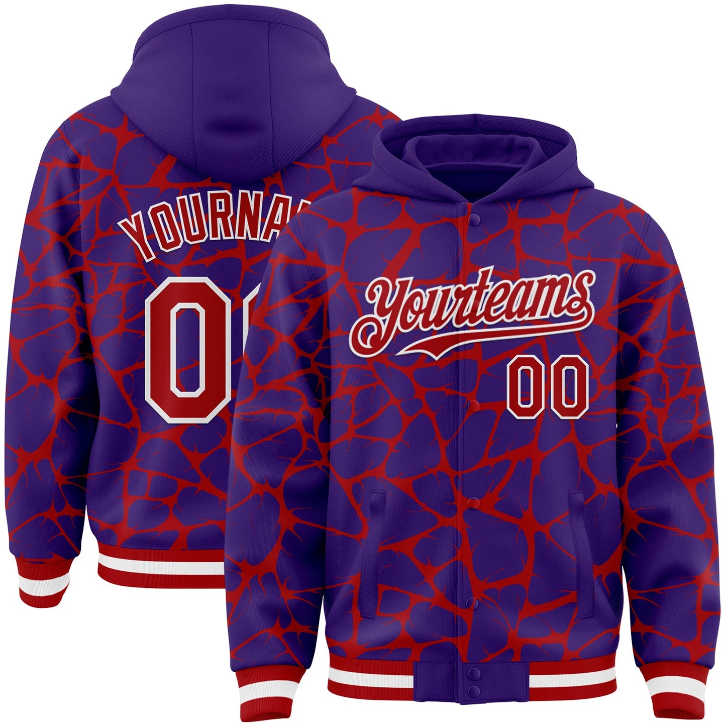 Custom Purple Red-White Abstract Network Bomber Full-Snap Varsity Letterman Hoodie Jacket - Main View