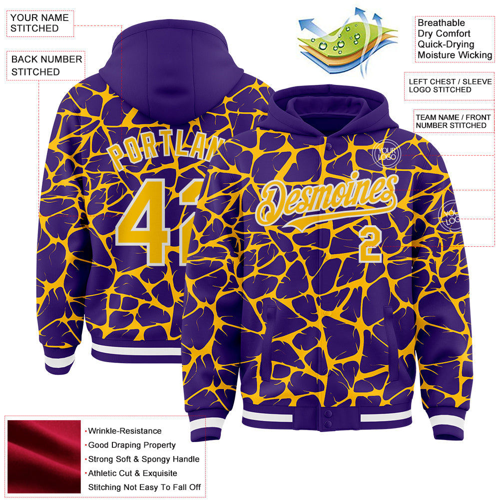 Custom Purple Gold-White Abstract Network Bomber Full-Snap Varsity Letterman Hoodie Jacket view 4