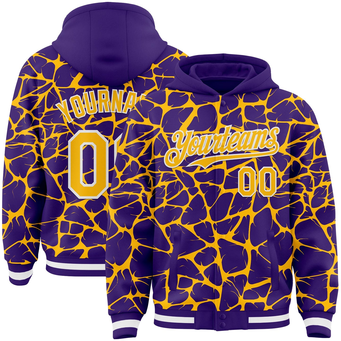 Custom Purple Gold-White Abstract Network Bomber Full-Snap Varsity Letterman Hoodie Jacket - Main View