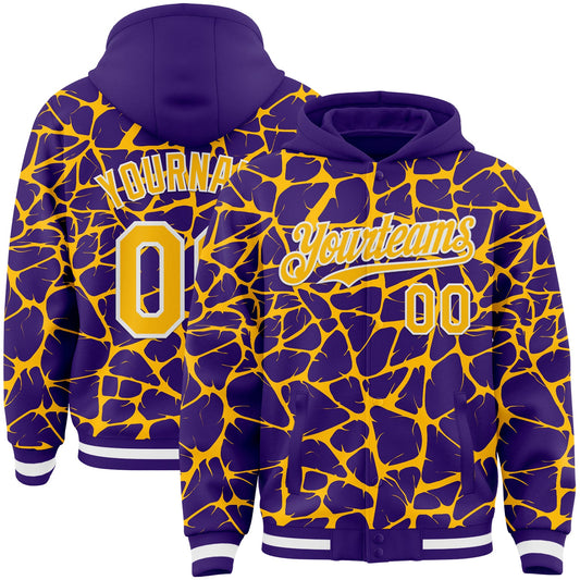 Custom Purple Gold-White Abstract Network Bomber Full-Snap Varsity Letterman Hoodie Jacket - Main View