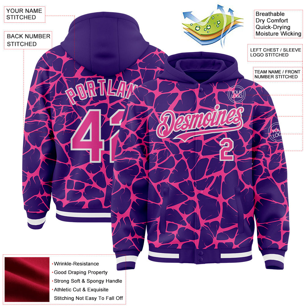 Custom Purple Pink-White Abstract Network Bomber Full-Snap Varsity Letterman Hoodie Jacket view 4