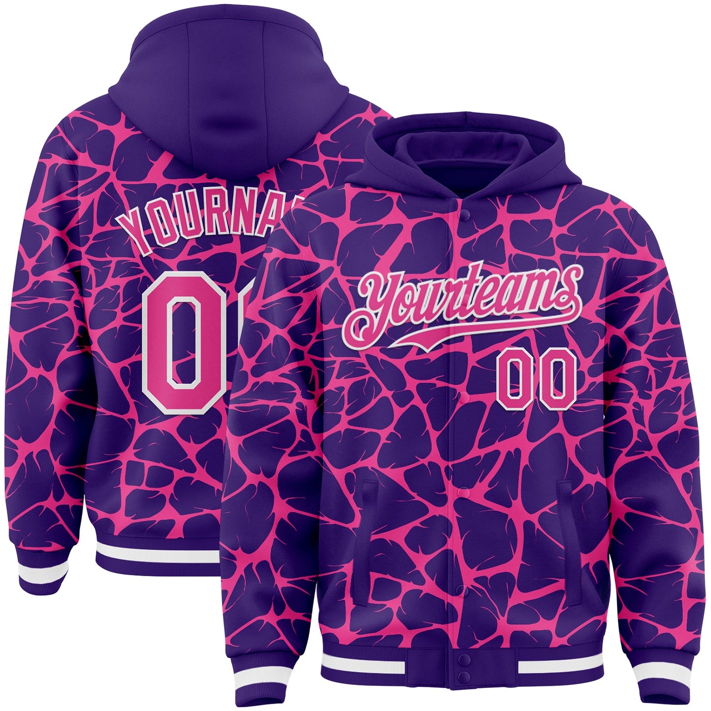 Custom Purple Pink-White Abstract Network Bomber Full-Snap Varsity Letterman Hoodie Jacket - Main View