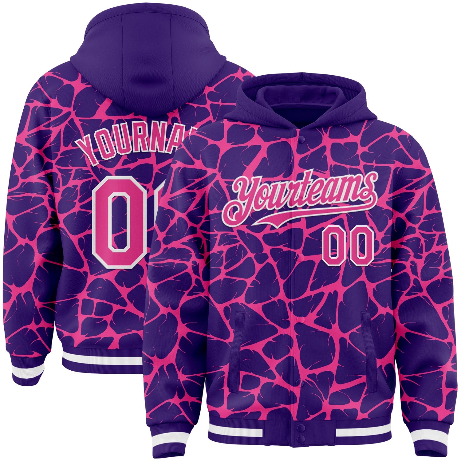 Custom Purple Pink-White Abstract Network Bomber Full-Snap Varsity Letterman Hoodie Jacket - Main View