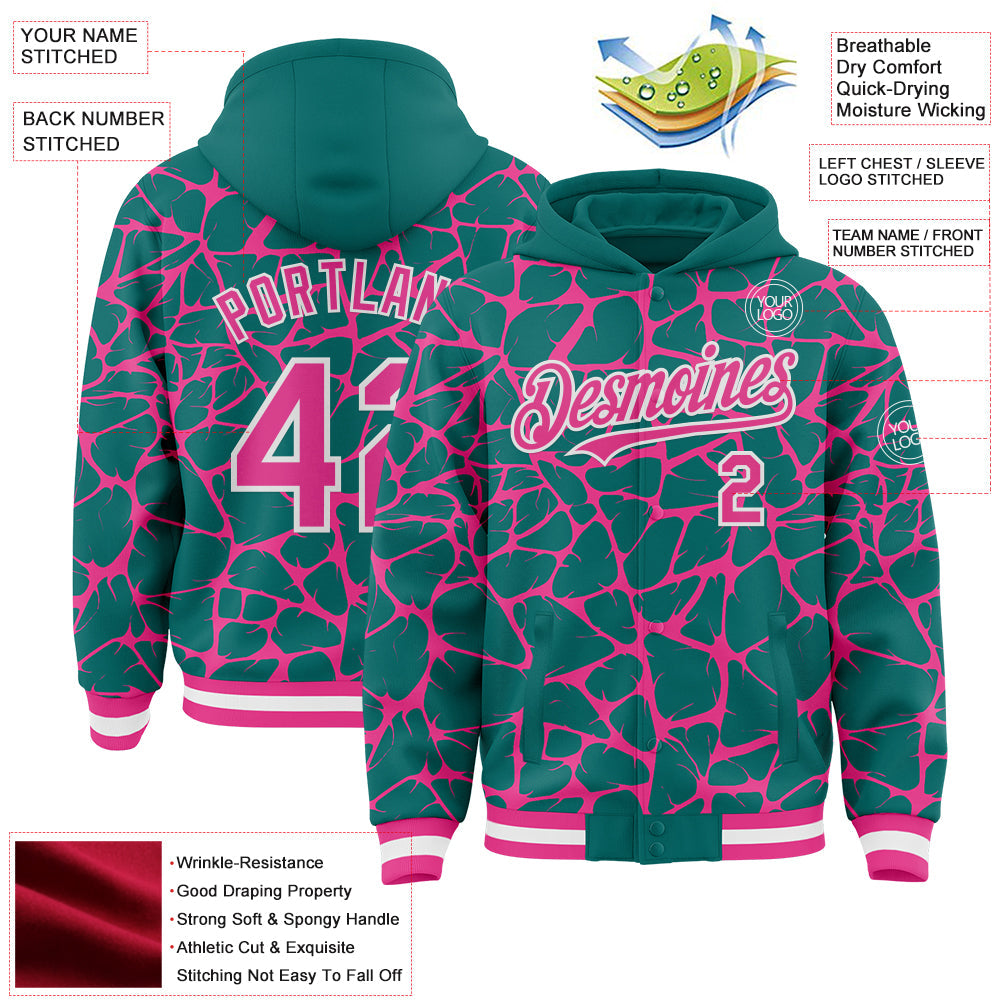 Custom Teal Pink-White Abstract Network Bomber Full-Snap Varsity Letterman Hoodie Jacket view 4