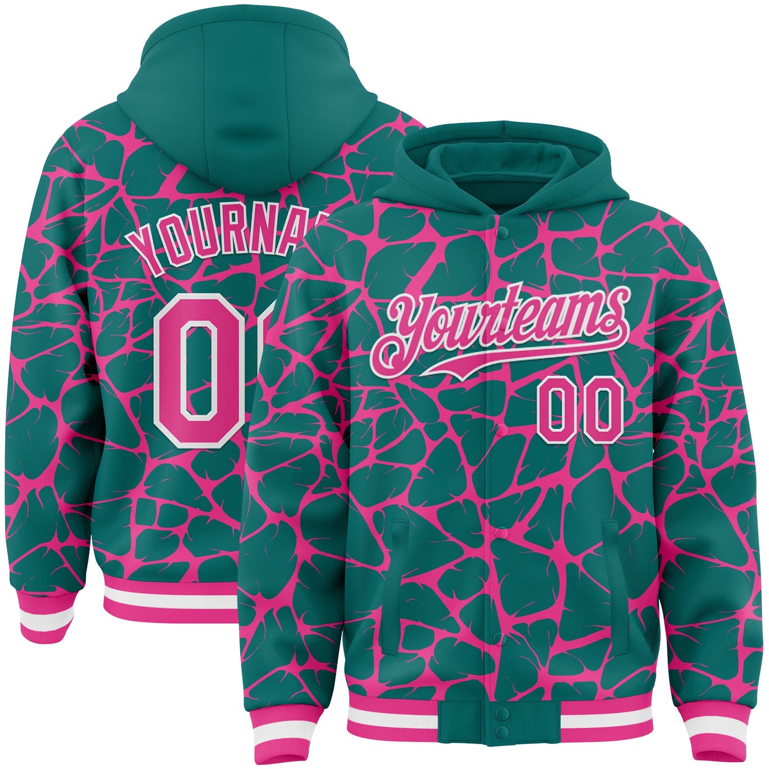 Custom Teal Pink-White Abstract Network Bomber Full-Snap Varsity Letterman Hoodie Jacket - Main View