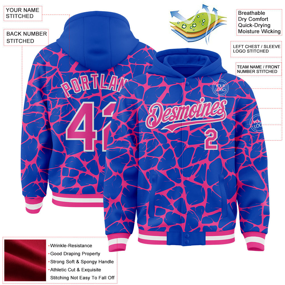 Custom Thunder Blue Pink-White Abstract Network Bomber Full-Snap Varsity Letterman Hoodie Jacket view 4