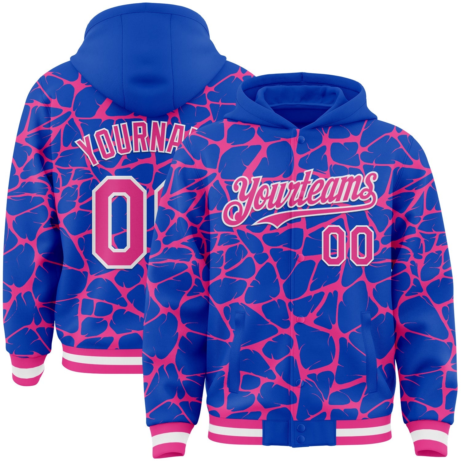 Custom Thunder Blue Pink-White Abstract Network Bomber Full-Snap Varsity Letterman Hoodie Jacket - Main View