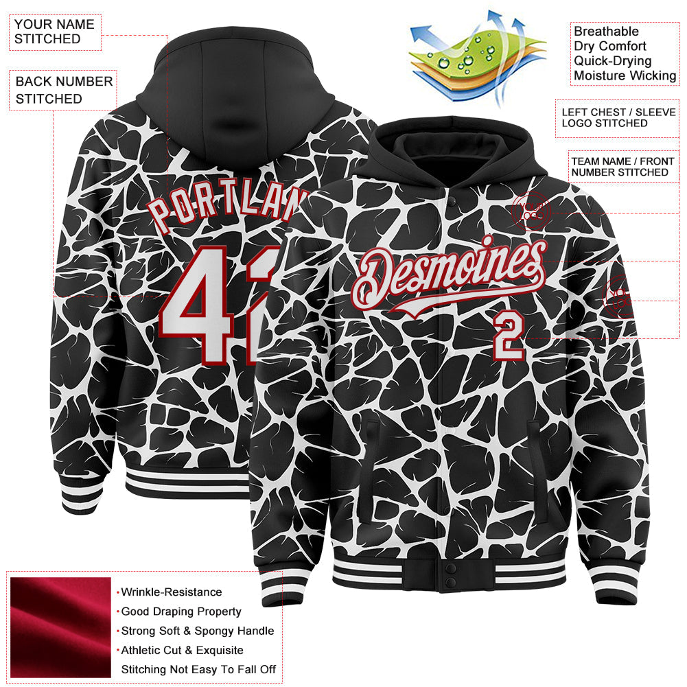 Custom Black White-Red Abstract Network Bomber Full-Snap Varsity Letterman Hoodie Jacket view 4