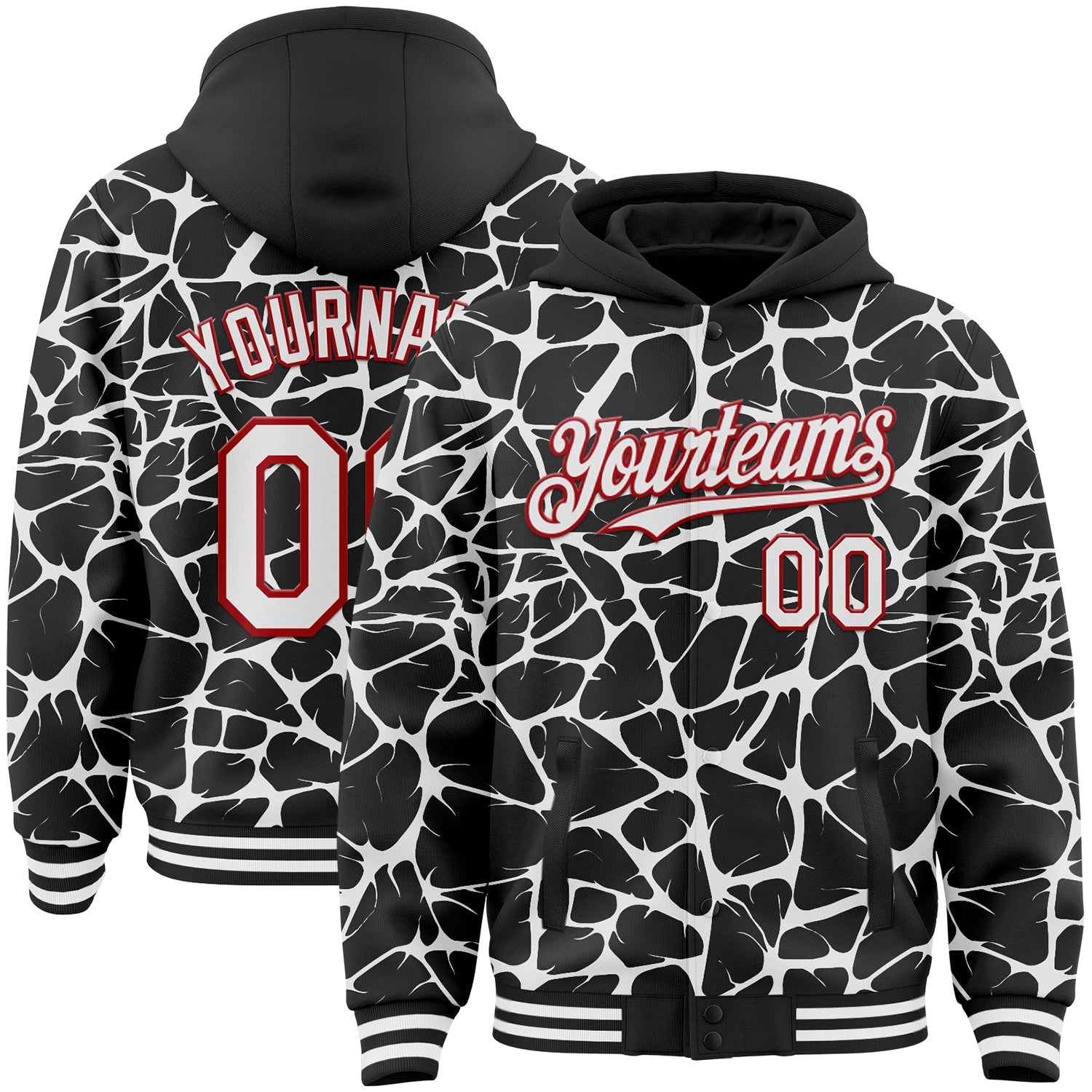 Custom Black White-Red Abstract Network Bomber Full-Snap Varsity Letterman Hoodie Jacket - Main View