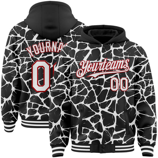 Custom Black White-Red Abstract Network Bomber Full-Snap Varsity Letterman Hoodie Jacket - Main View