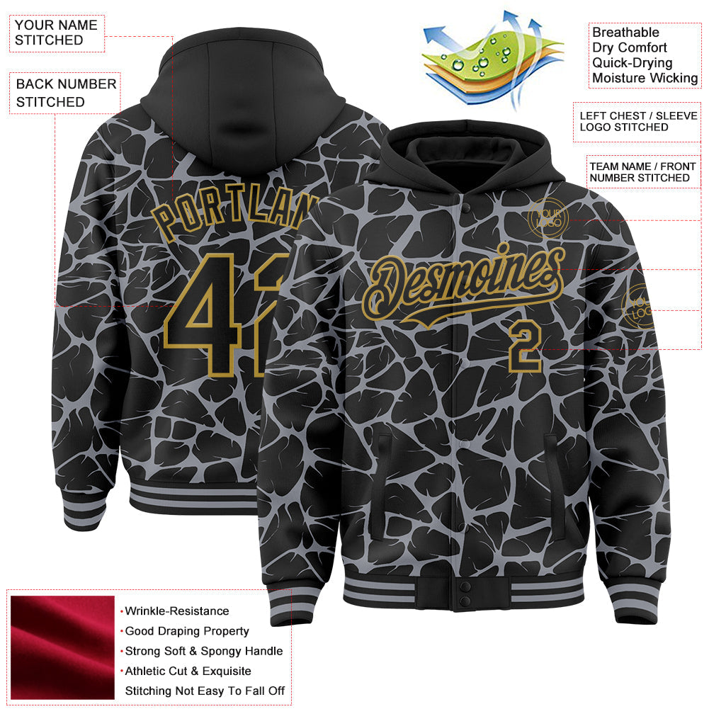 Custom Black Gray-Old Gold Abstract Network Bomber Full-Snap Varsity Letterman Hoodie Jacket view 4