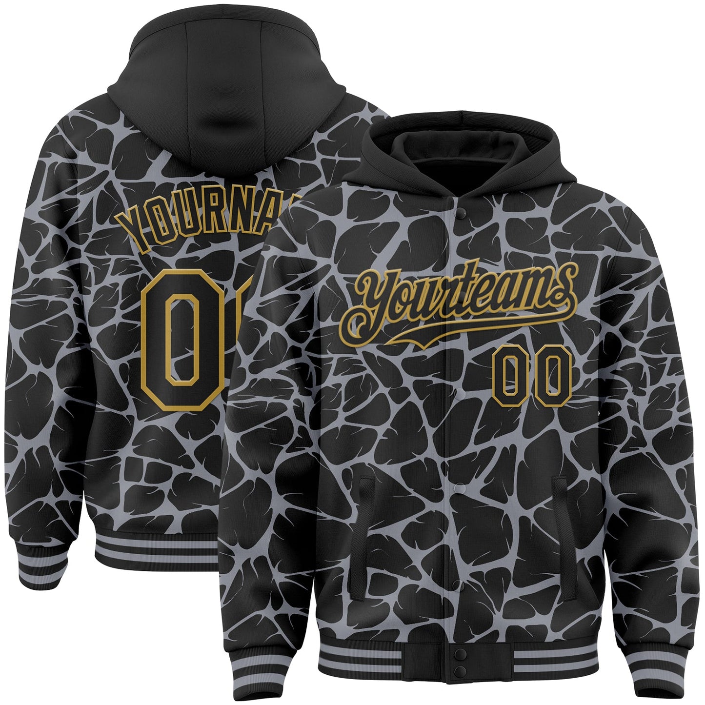 Custom Black Gray-Old Gold Abstract Network Bomber Full-Snap Varsity Letterman Hoodie Jacket - Main View