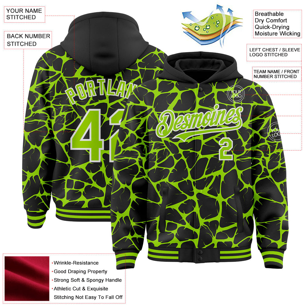 Custom Black Neon Green-White Abstract Network Bomber Full-Snap Varsity Letterman Hoodie Jacket view 4