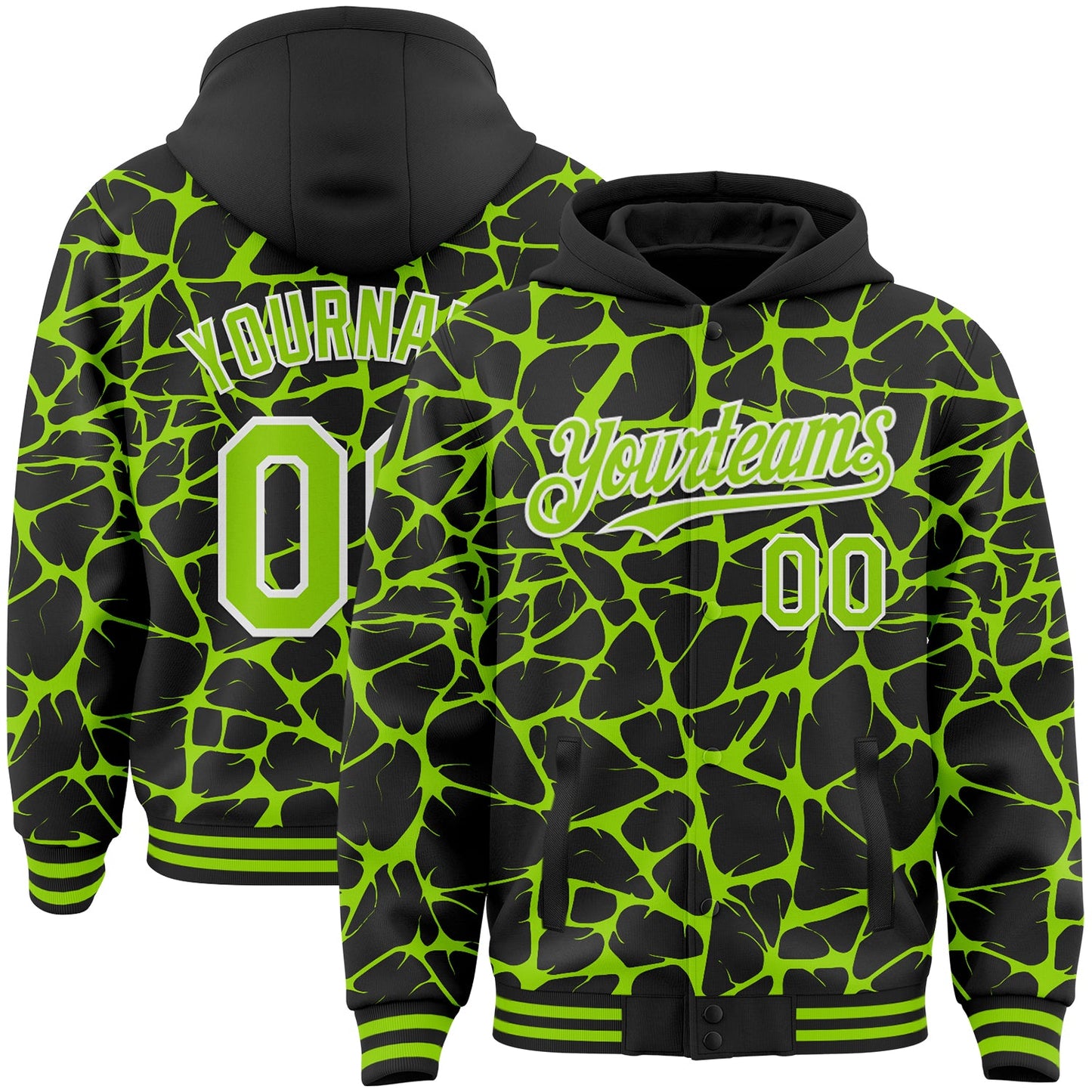 Custom Black Neon Green-White Abstract Network Bomber Full-Snap Varsity Letterman Hoodie Jacket - Main View