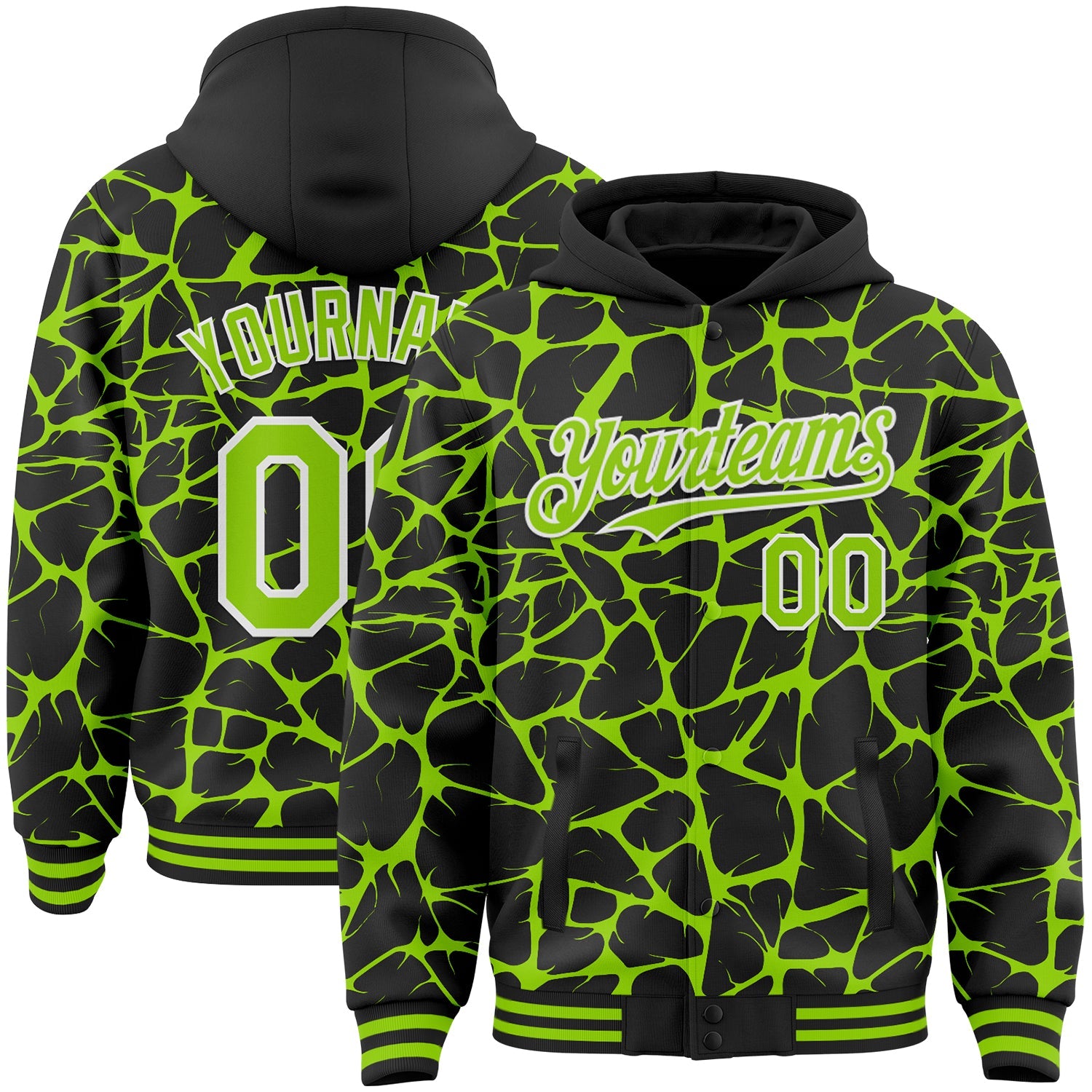 Custom Black Neon Green-White Abstract Network Bomber Full-Snap Varsity Letterman Hoodie Jacket - Main View