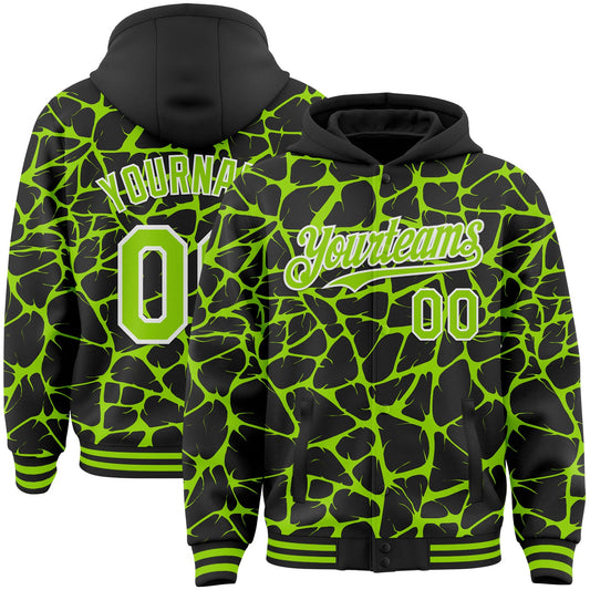 Custom Black Neon Green-White Abstract Network Bomber Full-Snap Varsity Letterman Hoodie Jacket - Main View
