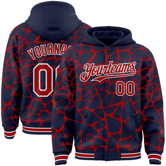 Custom Navy Red-White Abstract Network Bomber Full-Snap Varsity Letterman Hoodie Jacket - Main View