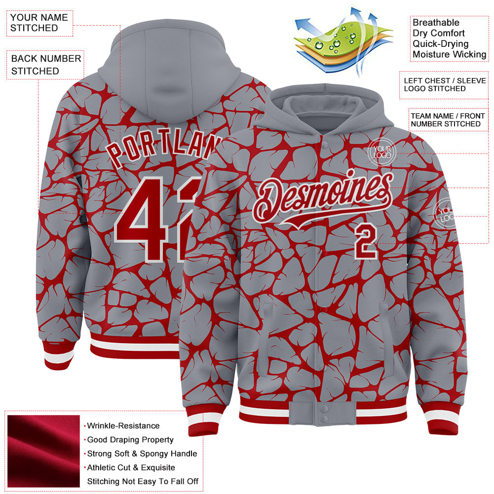 Custom Gray Red-White Abstract Network Bomber Full-Snap Varsity Letterman Hoodie Jacket view 4