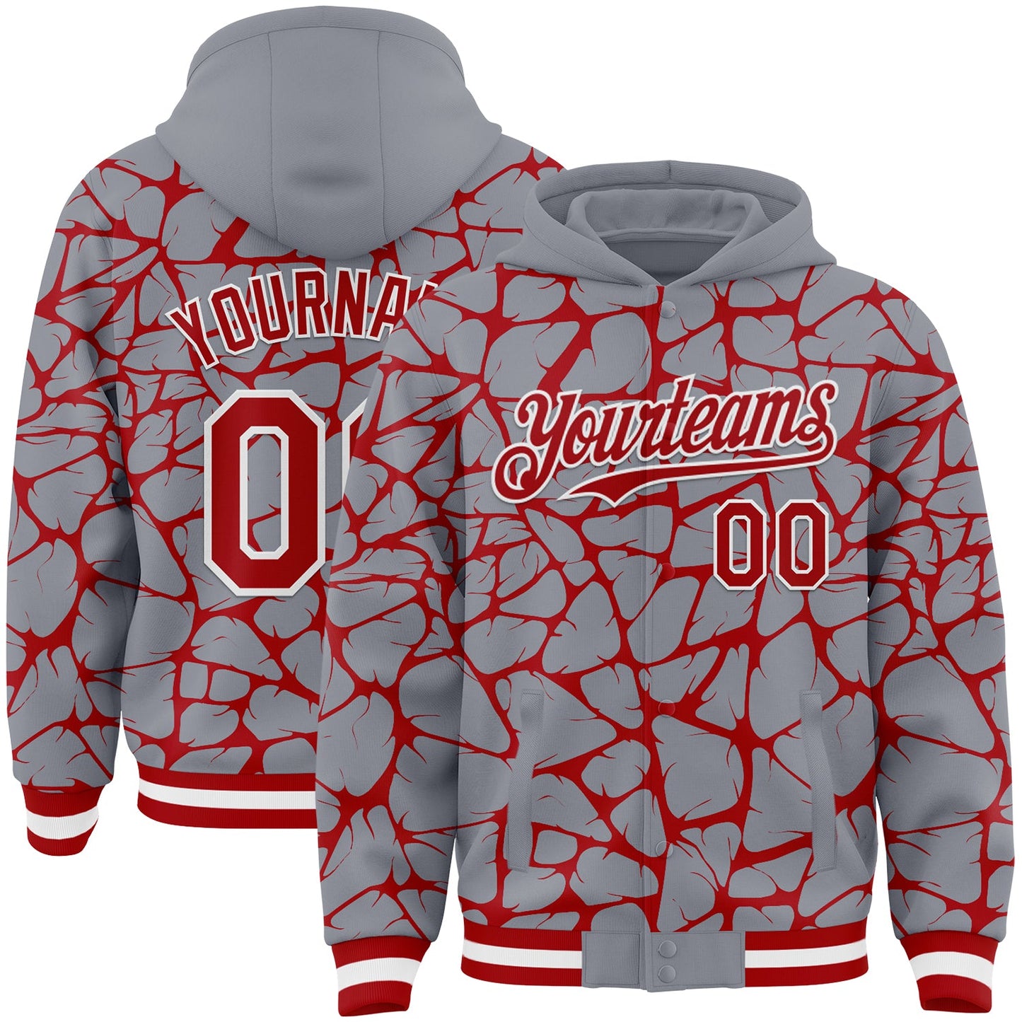 Custom Gray Red-White Abstract Network Bomber Full-Snap Varsity Letterman Hoodie Jacket - Main View