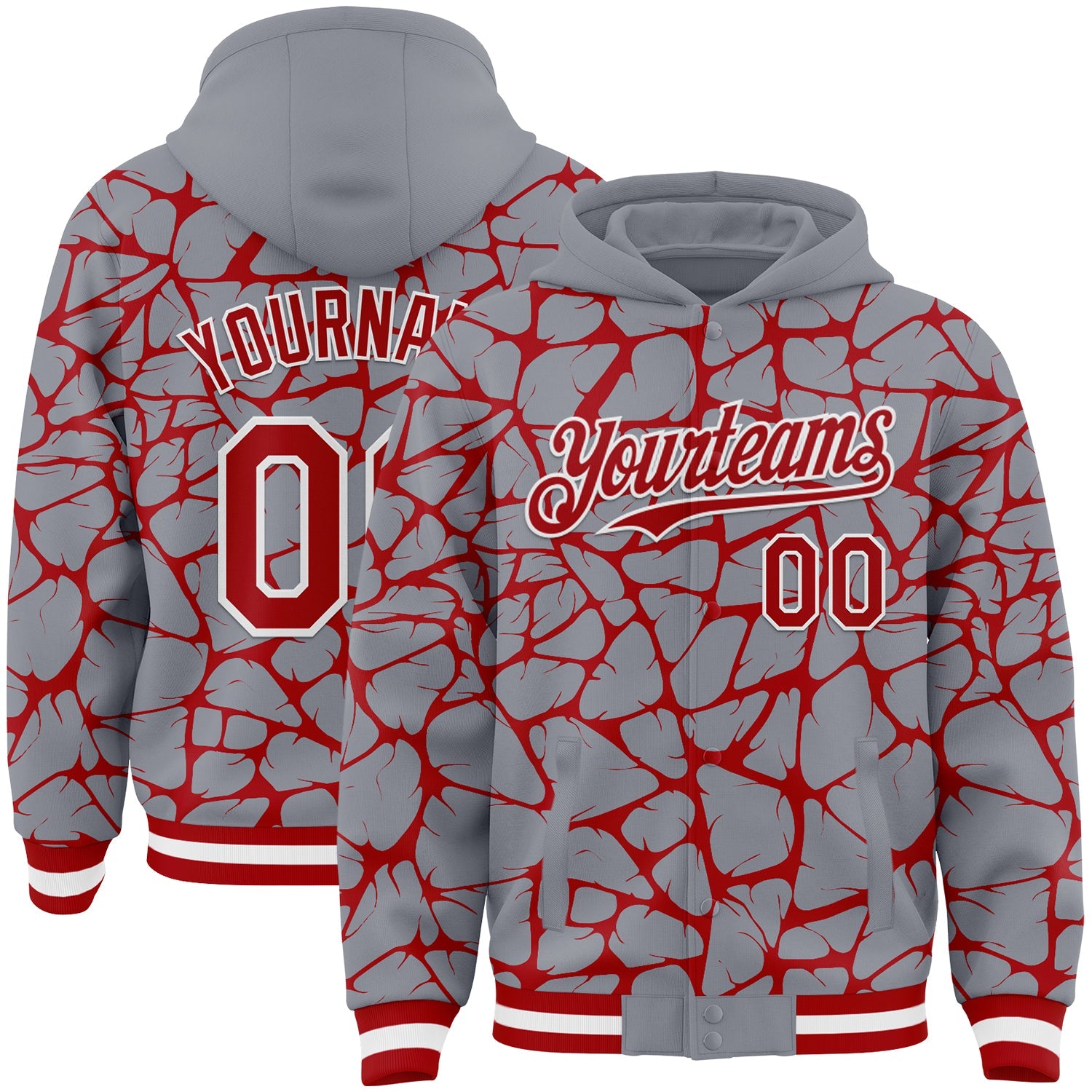 Custom Gray Red-White Abstract Network Bomber Full-Snap Varsity Letterman Hoodie Jacket - Main View