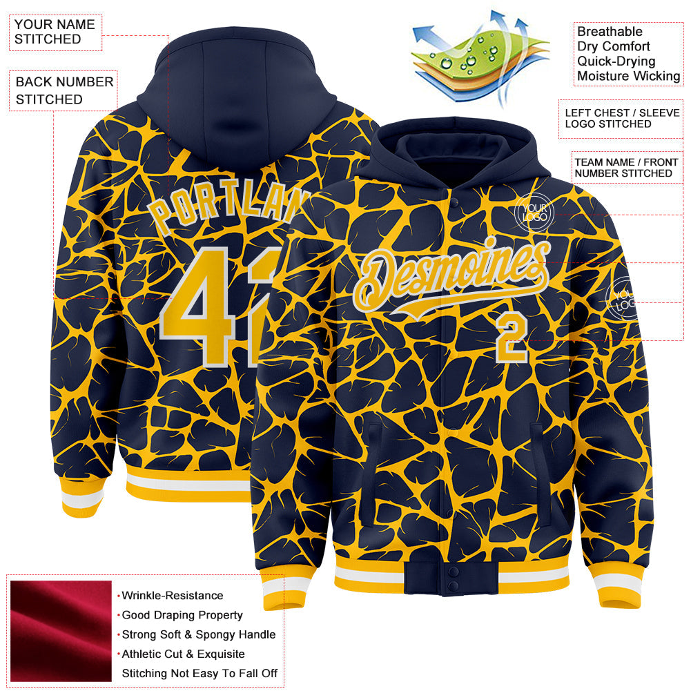 Custom Navy Gold-White Abstract Network Bomber Full-Snap Varsity Letterman Hoodie Jacket view 4