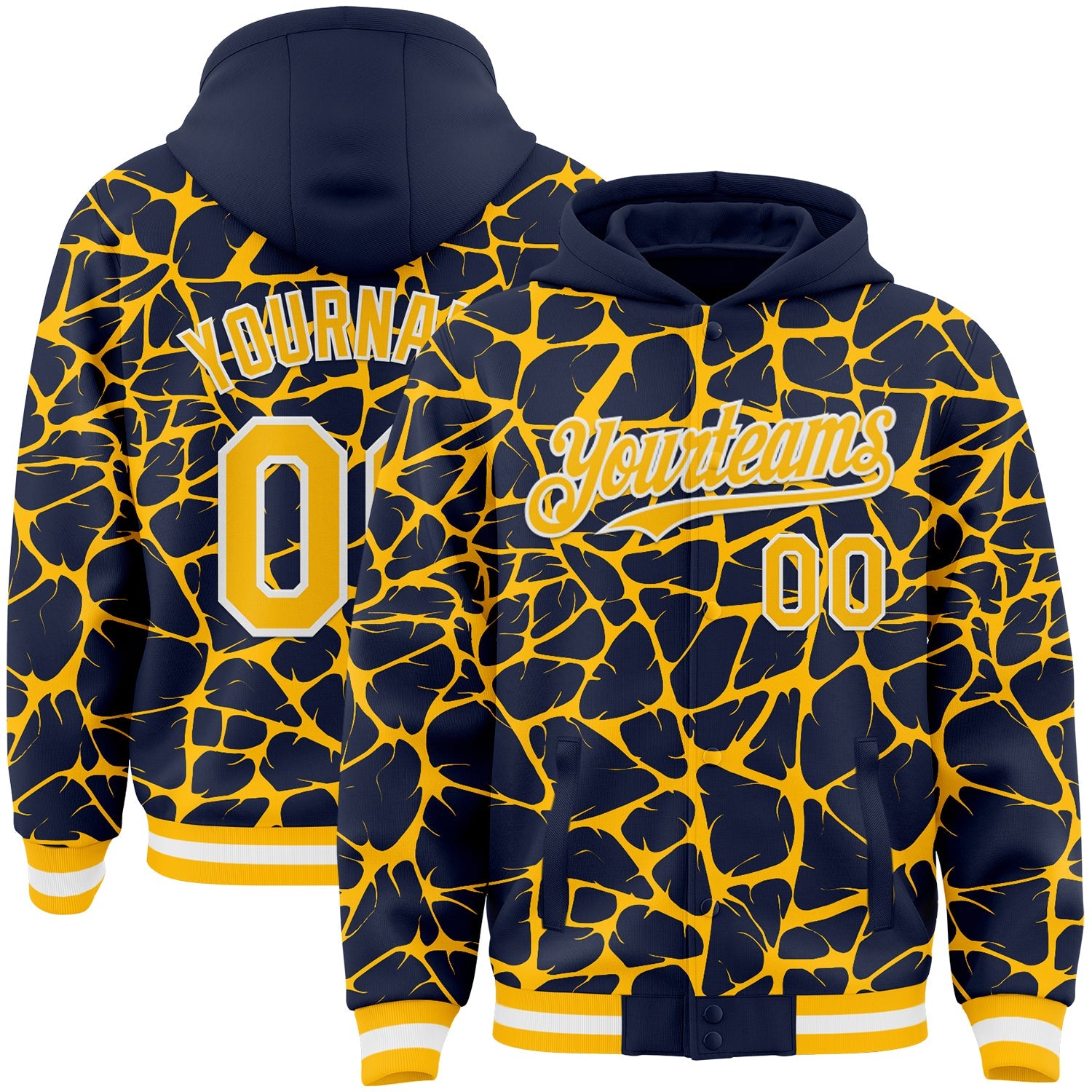 Custom Navy Gold-White Abstract Network Bomber Full-Snap Varsity Letterman Hoodie Jacket - Main View