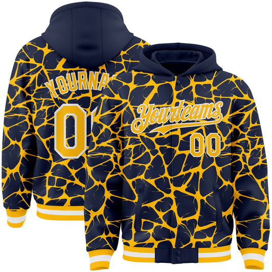 Custom Navy Gold-White Abstract Network Bomber Full-Snap Varsity Letterman Hoodie Jacket - Main View