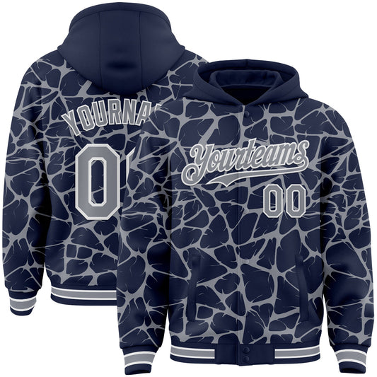 Custom Navy Gray-White Abstract Network Bomber Full-Snap Varsity Letterman Hoodie Jacket - Main View