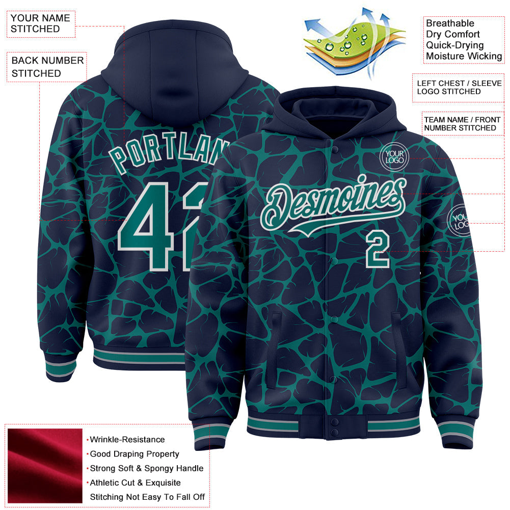 Custom Navy Teal-White Abstract Network Bomber Full-Snap Varsity Letterman Hoodie Jacket view 4