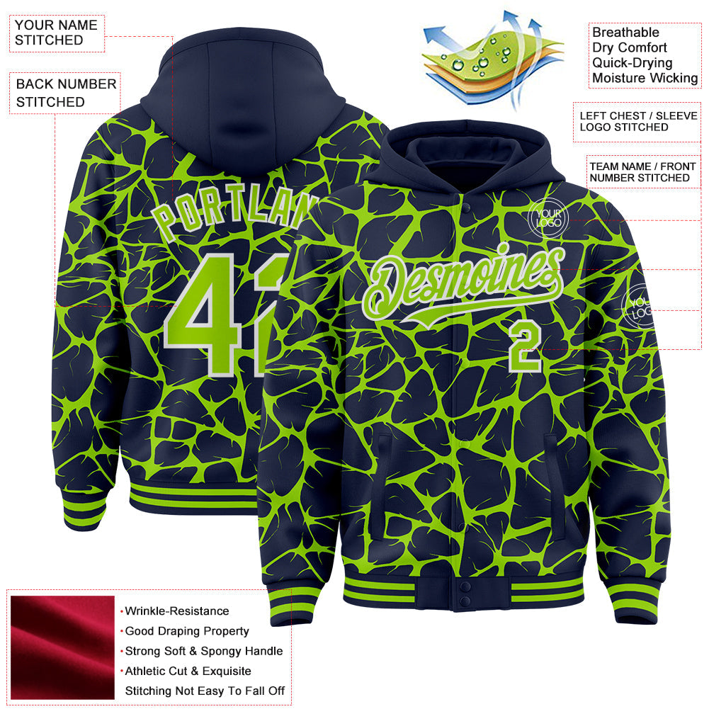 Custom Navy Neon Green-White Abstract Network Bomber Full-Snap Varsity Letterman Hoodie Jacket view 4
