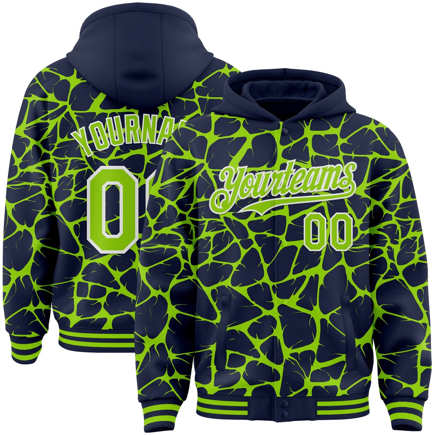 Custom Navy Neon Green-White Abstract Network Bomber Full-Snap Varsity Letterman Hoodie Jacket - Main View