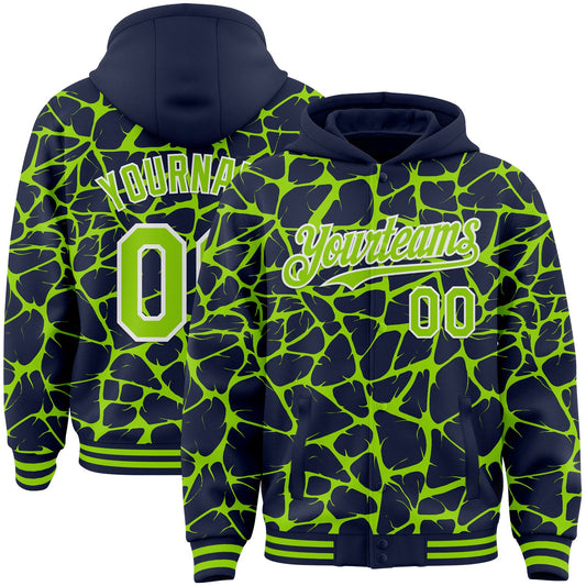 Custom Navy Neon Green-White Abstract Network Bomber Full-Snap Varsity Letterman Hoodie Jacket - Main View