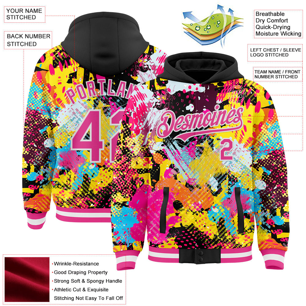 Custom Graffiti Pattern Pink Black-White Splash Bomber Full-Snap Varsity Letterman Hoodie Jacket view 4