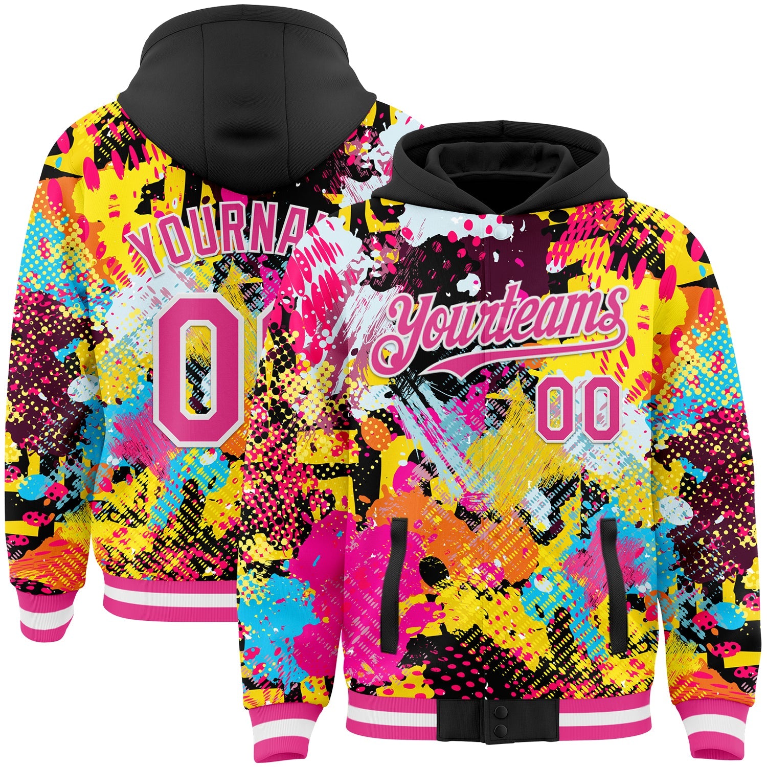 Custom Graffiti Pattern Pink Black-White Splash Bomber Full-Snap Varsity Letterman Hoodie Jacket - Main View
