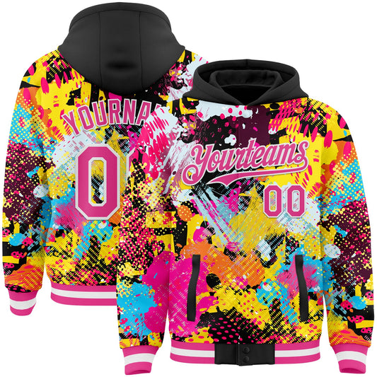 Custom Graffiti Pattern Pink Black-White Splash Bomber Full-Snap Varsity Letterman Hoodie Jacket - Main View