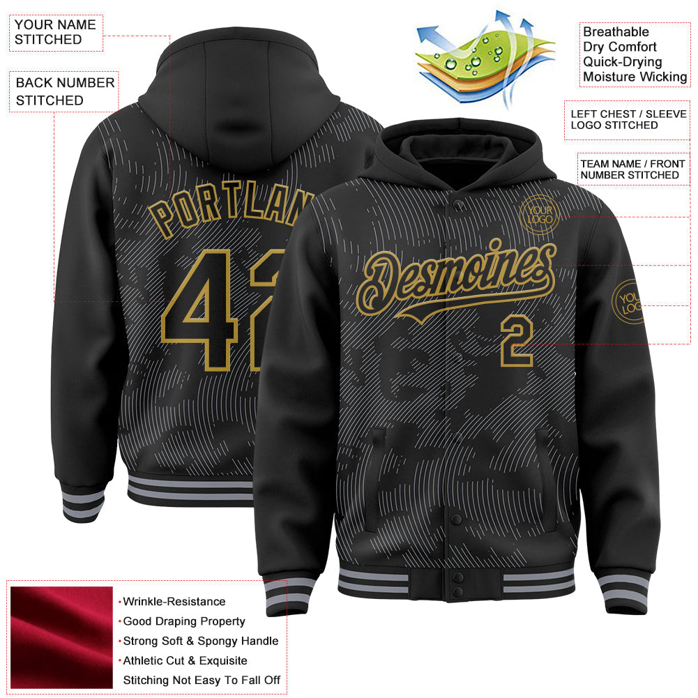 Custom Black Gray-Old Gold Curve Lines Bomber Full-Snap Varsity Letterman Hoodie Jacket view 4
