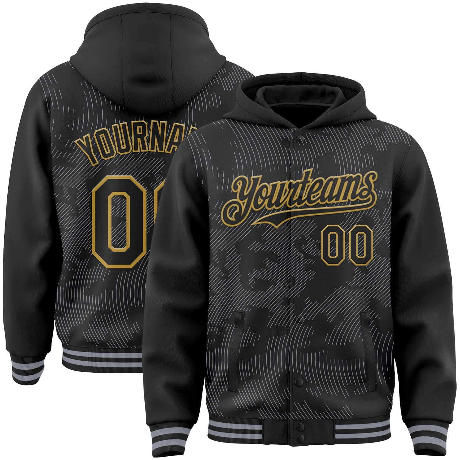 Custom Black Gray-Old Gold Curve Lines Bomber Full-Snap Varsity Letterman Hoodie Jacket - Main View