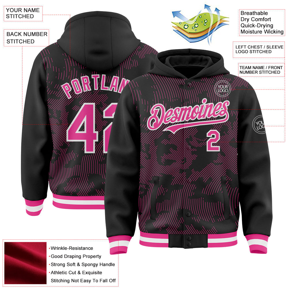 Custom Black Pink-White Curve Lines Bomber Full-Snap Varsity Letterman Hoodie Jacket view 4