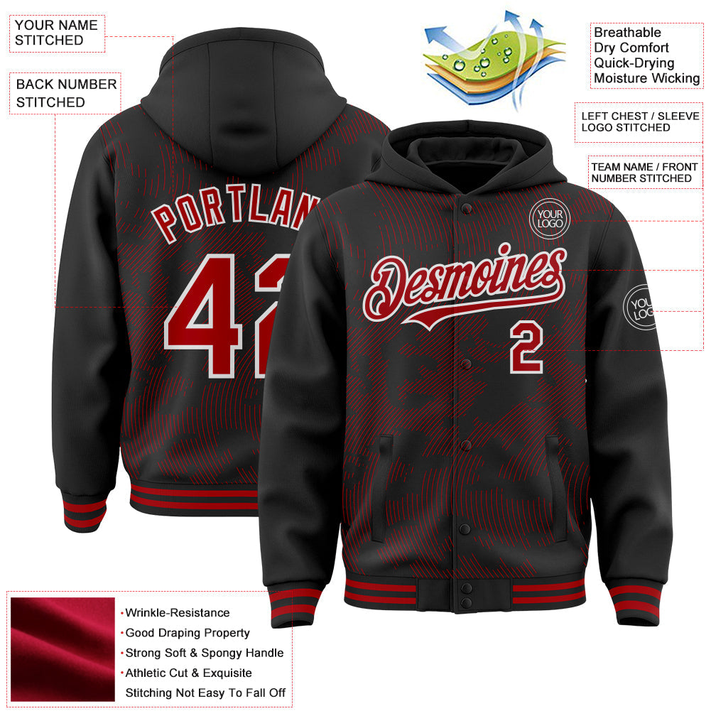 Custom Black Red-White Curve Lines Bomber Full-Snap Varsity Letterman Hoodie Jacket view 4