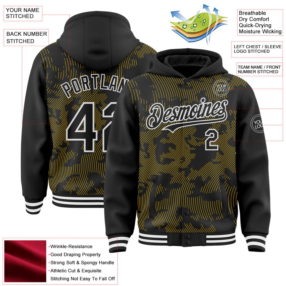 Custom Black Yellow-White Curve Lines Bomber Full-Snap Varsity Letterman Hoodie Jacket view 4