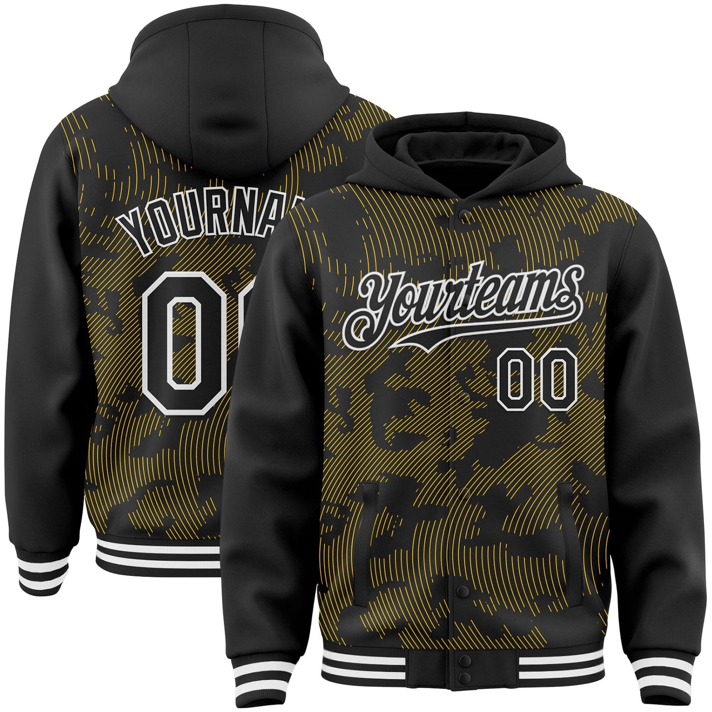 Custom Black Yellow-White Curve Lines Bomber Full-Snap Varsity Letterman Hoodie Jacket - Main View