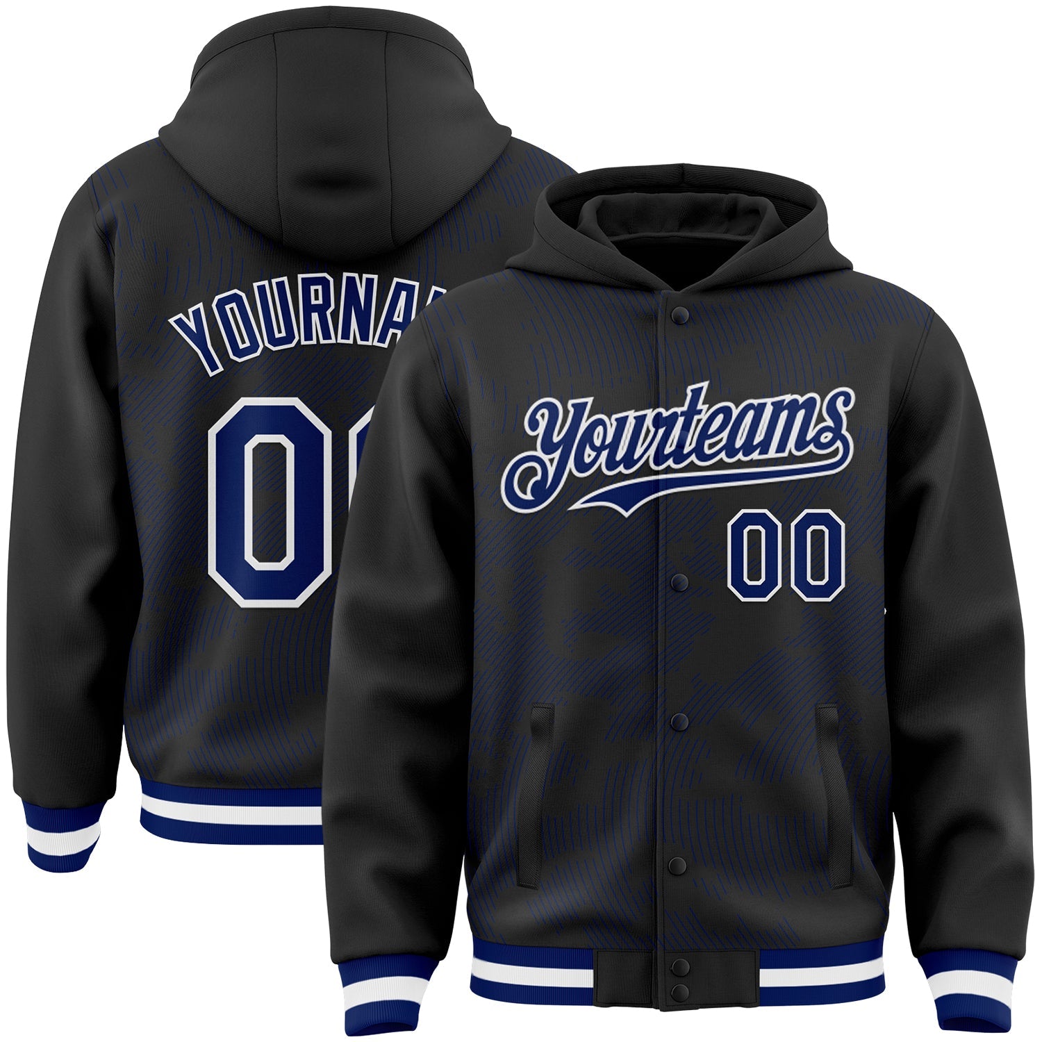 Custom Black Royal-White Curve Lines Bomber Full-Snap Varsity Letterman Hoodie Jacket - Main View