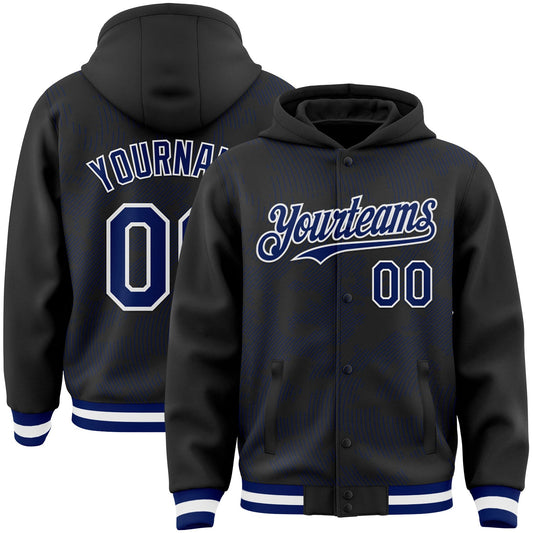 Custom Black Royal-White Curve Lines Bomber Full-Snap Varsity Letterman Hoodie Jacket - Main View