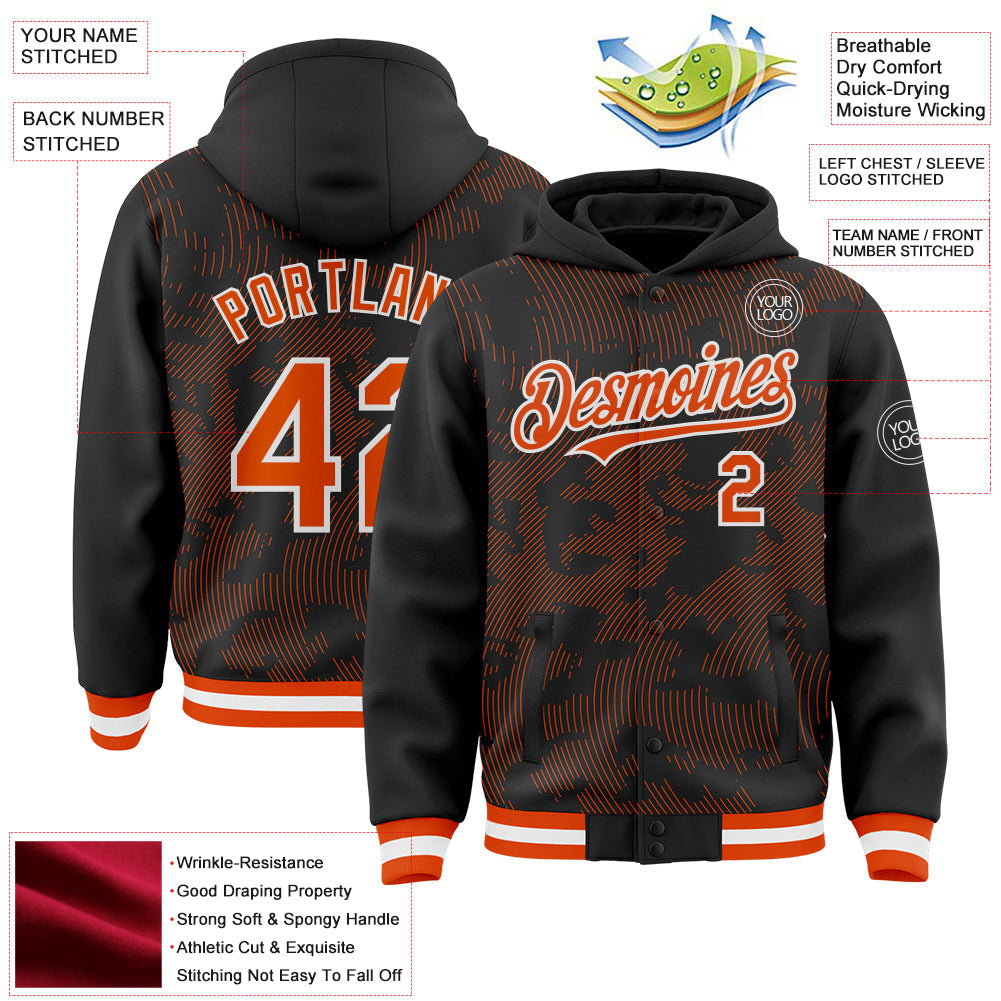 Custom Black Orange-White Curve Lines Bomber Full-Snap Varsity Letterman Hoodie Jacket view 4