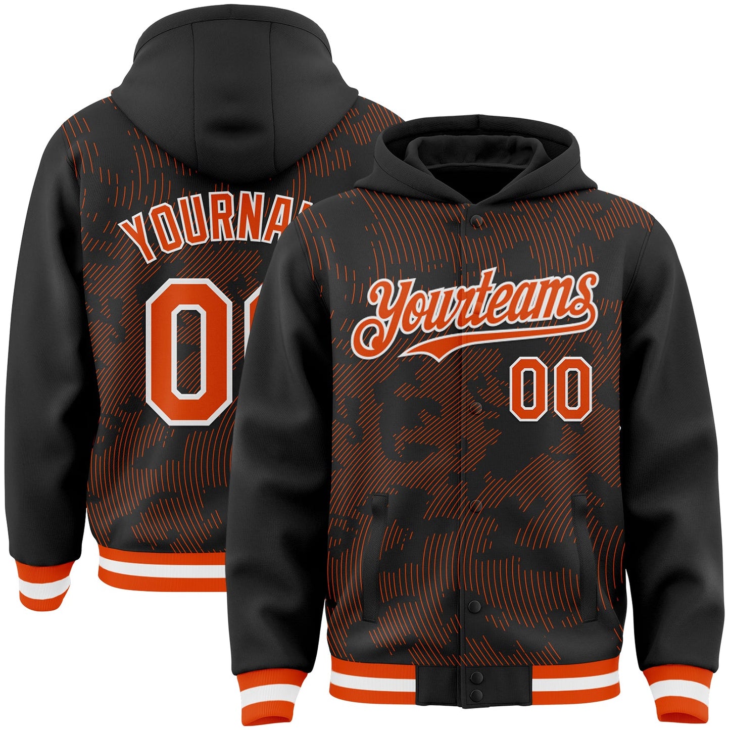 Custom Black Orange-White Curve Lines Bomber Full-Snap Varsity Letterman Hoodie Jacket - Main View