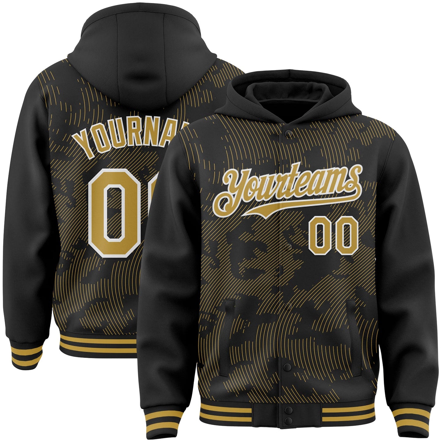 Custom Black Old Gold-White Curve Lines Bomber Full-Snap Varsity Letterman Hoodie Jacket - Main View